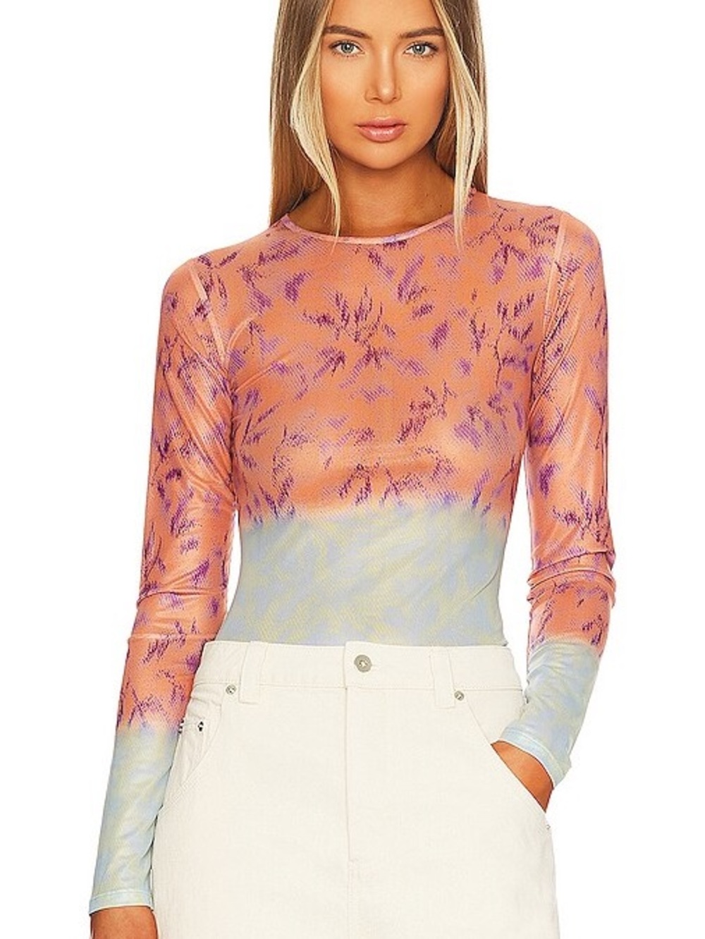 Miaou long Sleeve Sheer Ombre Print Top in Peach and Lavender